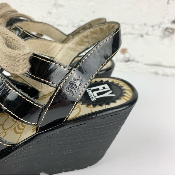 Fly London Yito Patent Black Leather Lace Up Wedge Sandals 36 - Picture 2 of 13